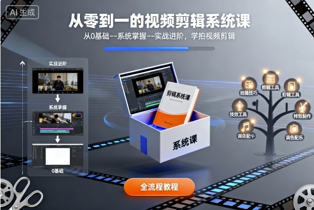 从零到一的视频剪辑系统课，从0基础--系统掌握--实战进阶，学拍视频剪辑